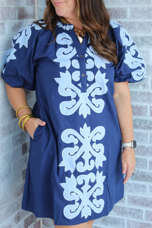 Flower Garden Puff Sleeve Embroidery Button Dress