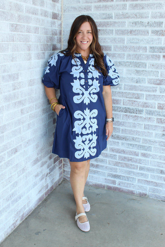 Flower Garden Puff Sleeve Embroidery Button Dress