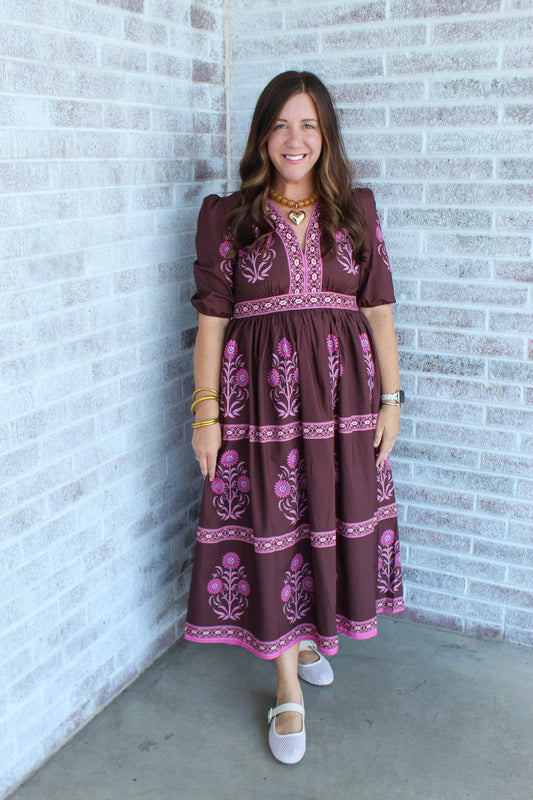 Flawless Floral Border Print Midi Dress